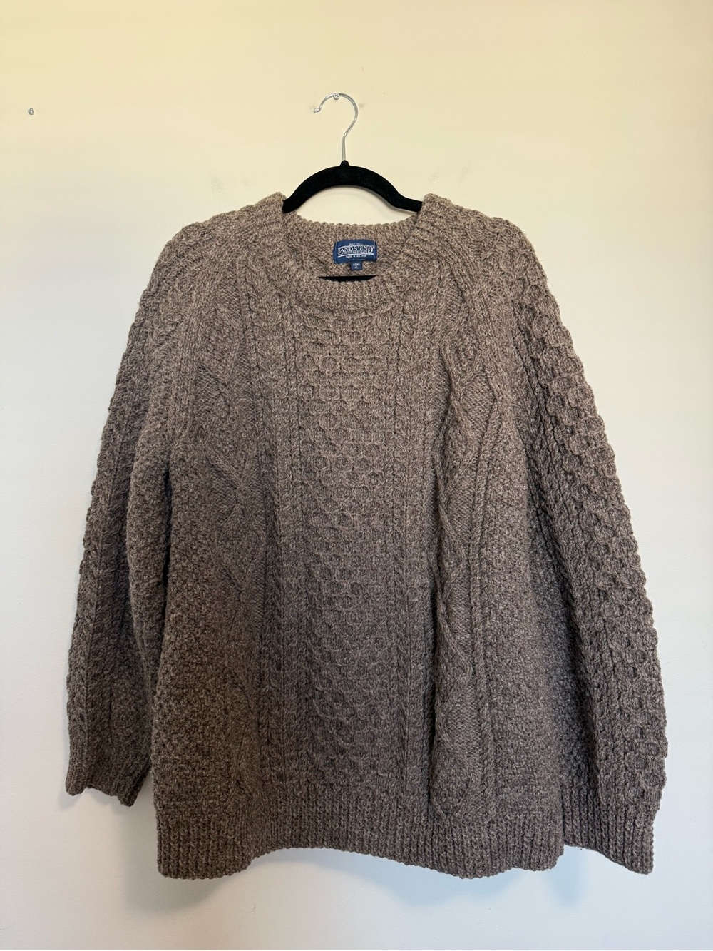 Vintage Lands End Cable Knit Wool Irish Sweater Brown XL